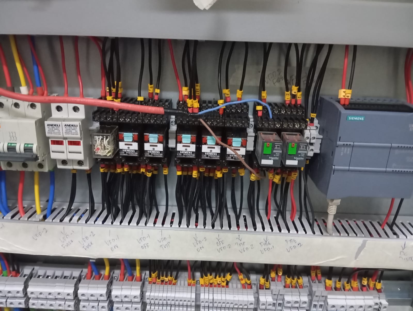 Close-up of VFD panel wiring — Siemens drives, Andeli and Schneider breakers, labelled relays.